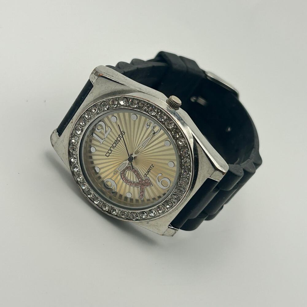 Concepts Breast Cancer Awareness Ribbon Watch Crystal Bezel Black Band Quartz - Picture 4 of 8
